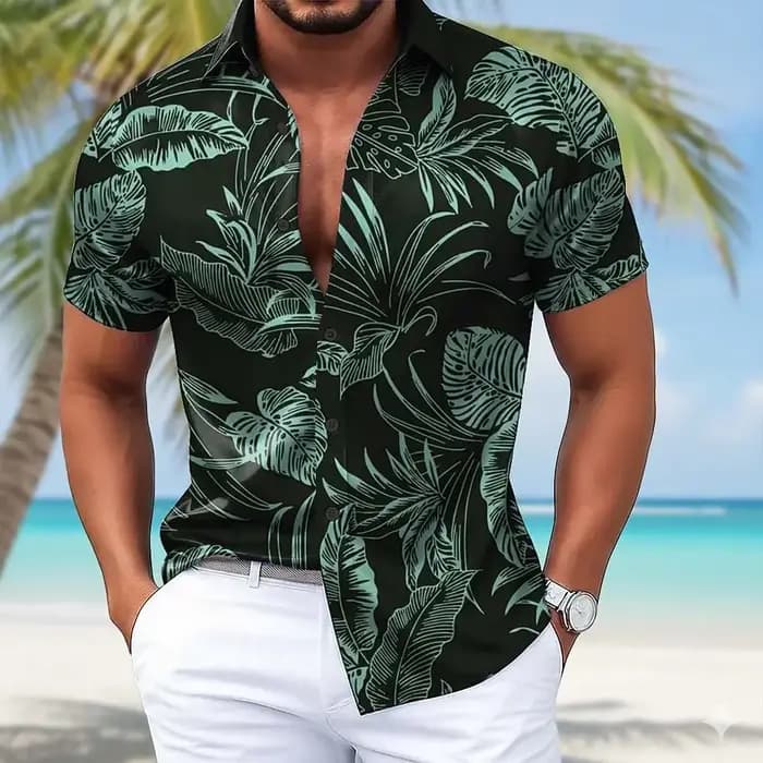 Chemise hawaïenne tropicale à motif feuilles de palmier pour homme, chemise boutonnée à manches courtes avec impression 3D, bleu noir violet vert