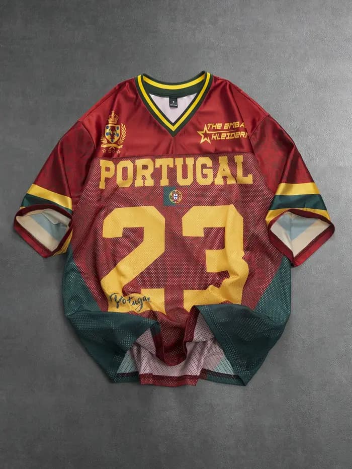 Maillot de football streetwear pour hommes, marque Portugal 23, imprimé, en maille polyester, rouge,