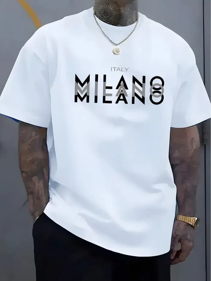 Été hommes 100% pur coton décontracté coupe ample grande taille italie MILANO imprimé confortable col rond à manches courtes T-shirt haut