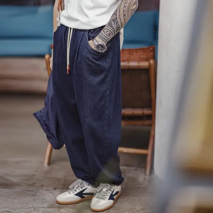 Jeans décontractés Maden 10oz Jogger en denim avec taille élastique et cordon de serrage, pantalon droit délavé pour hommes, printemps et automne