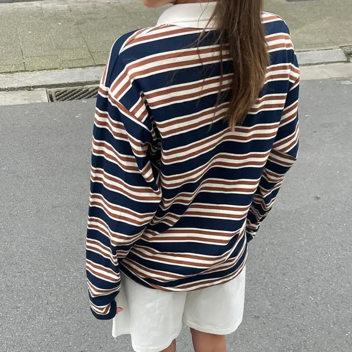 Femmes automne rayé Rugby T-Shirts Y2k Vintage à manches longues surdimensionné sweats col rabattu chemises décontractées hauts pullover
