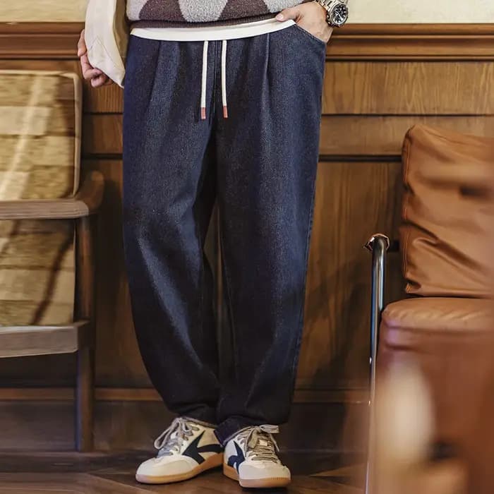 Jeans décontractés Maden 10oz Jogger en denim avec taille élastique et cordon de serrage, pantalon droit délavé pour hommes, printemps et automne