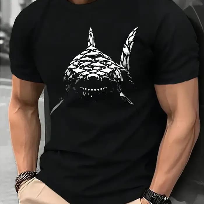 T-shirt graphique blanc pour hommes, avec motif requin audacieux, pour une coupe ordinaire, décontra