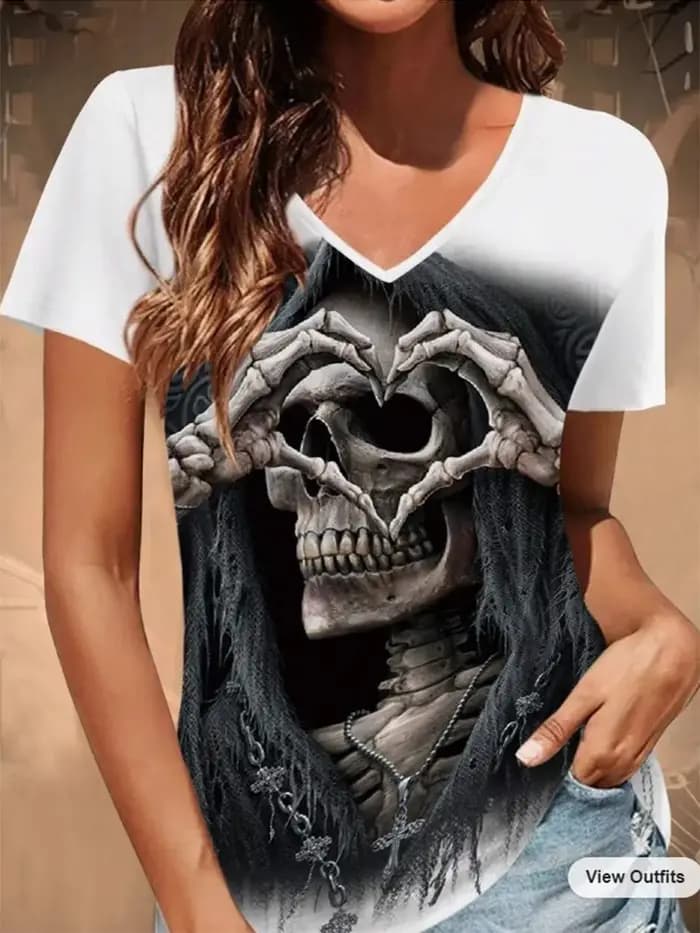 Chic crâne noir T-shirt femmes col en V à manches courtes été décontracté imprimé