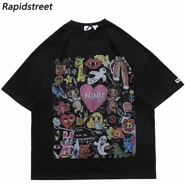 Hommes T-Shirt surdimensionné Hip Hop Streetwear peinture lettre coeur arc-en-ciel anges graphique