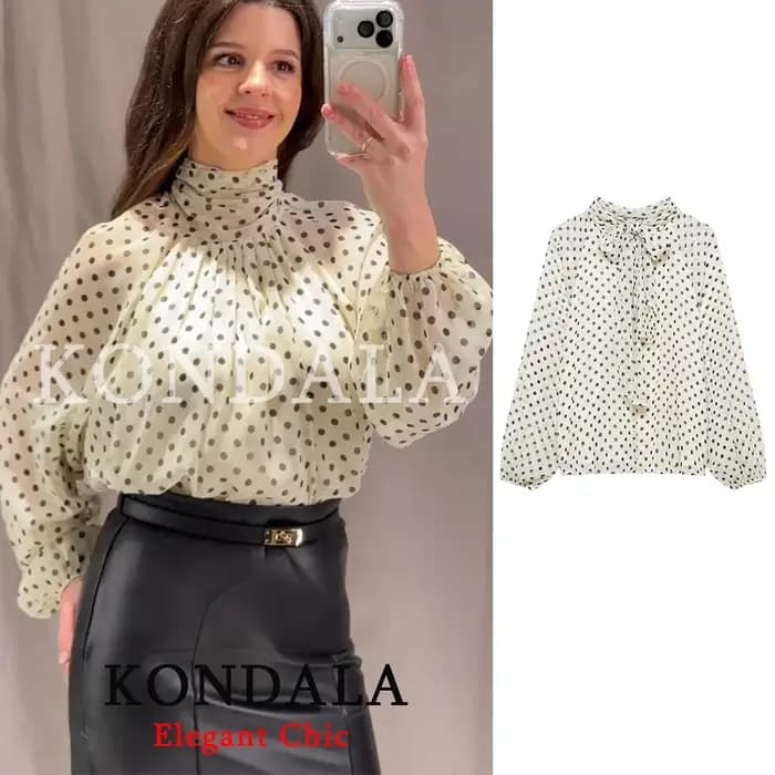 KONDALA femmes à la mode à pois Blouse noeud papillon col rond chemise nouvelle