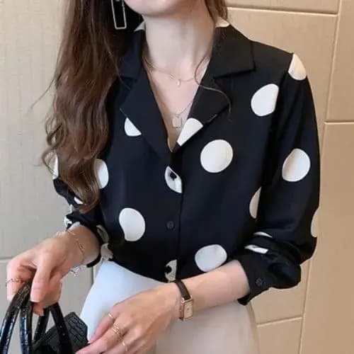 Chemise femme à pois élégant revers boutonné Blouse à manches longues été hauts Vintage décontracté