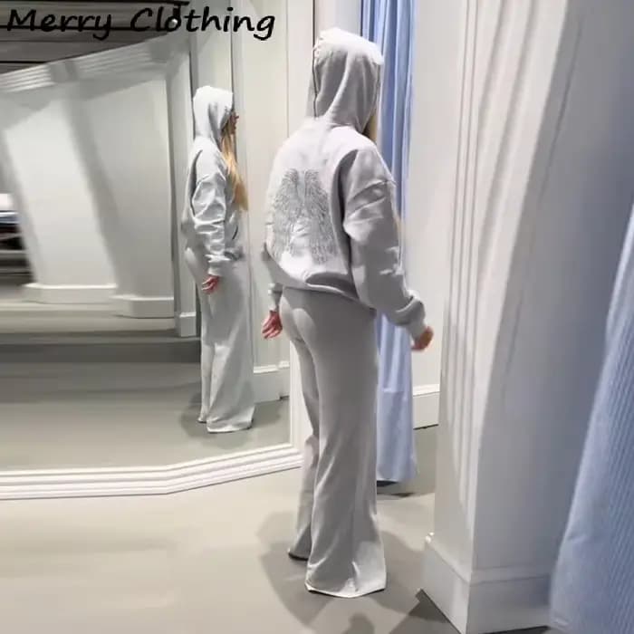 Paillettes ailes d'ange sweats à capuche femmes Chic lâche à manches longues pulls haut mince Yoga pantalon ensemble