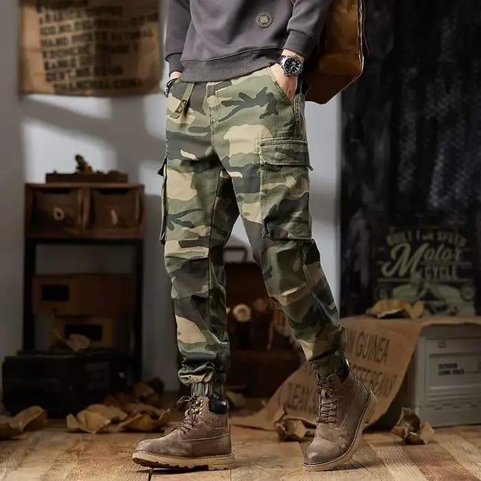 Pantalon cargo ample camouflage multi-poches avec revers pour homme – Jogger décontracté en coton pour le quotidien
