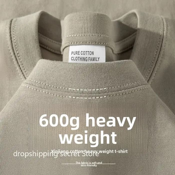 T-shirt en coton kaki épais 600G pour homme, style minimaliste, coupe ample décontractée, manches co