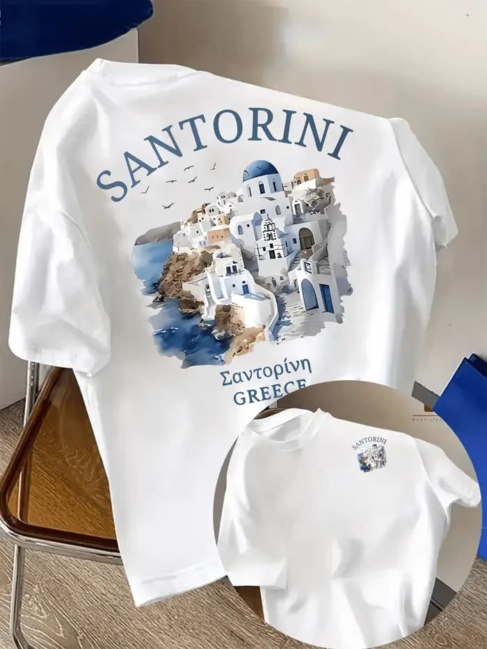 T-shirt pour homme en coton 100% avec imprimé de l'île de Santorin en Grèce
