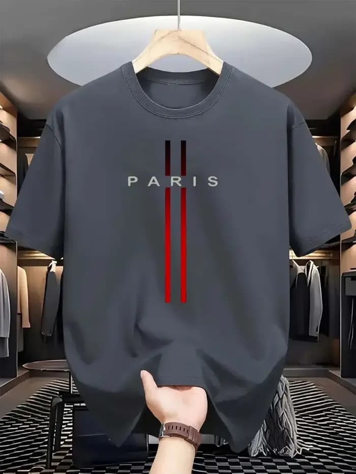 Été Paris hommes nouvelle rayure imprimé confortable et respirant col rond T-shirt extérieur urbain haut décontracté