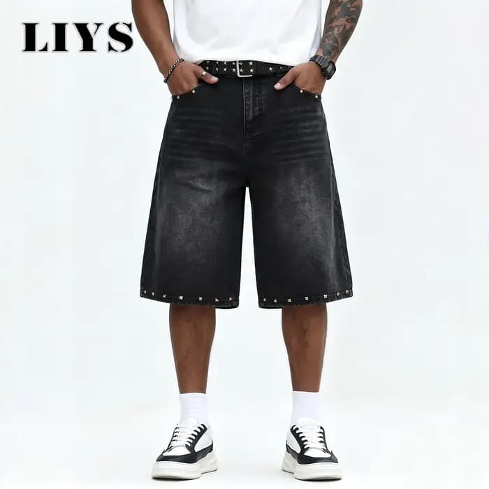 LIYS Jean Jorts Vintage Noir à Rivets Coupe Large pour Homme – Style Y2K Tendance