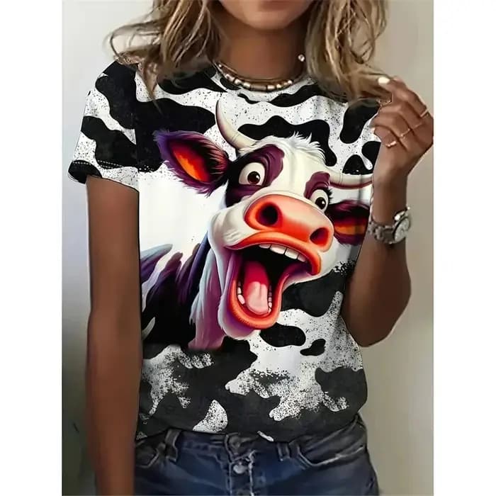 T-Shirt à motif de vache heureuse pour femmes, Animal drôle imprimé en 3D, t-shirts à la mode d'été,