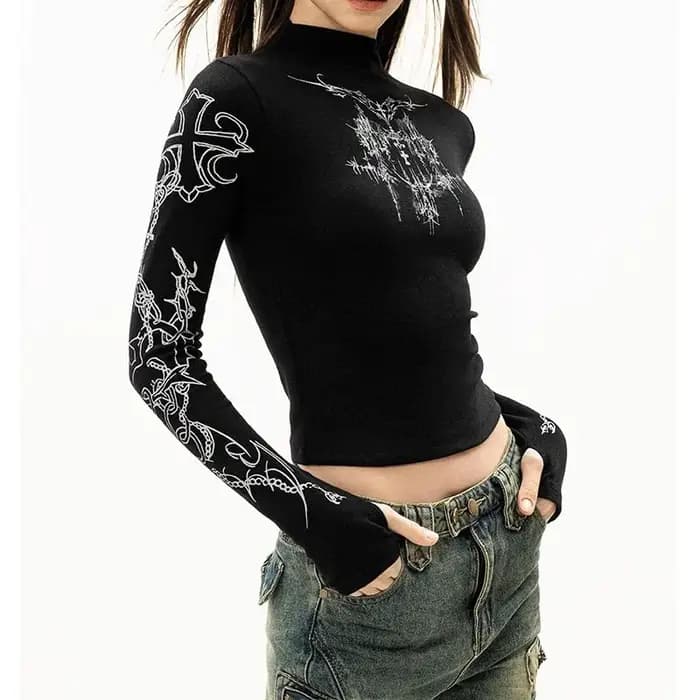 Grunge femmes T-Shirt Y2k esthétique col mi-haut t-shirts imprimé graphique à manches longues hauts transparents Punk Alternative culture hauts EMO