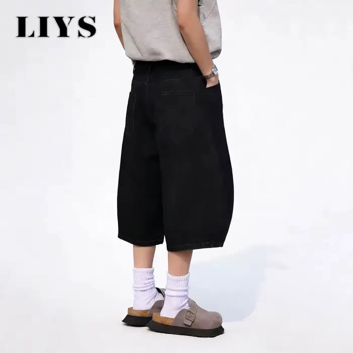 LIYS Short en jean ultra ample style américain rétro noir pour homme et femme, coupe large, pour le