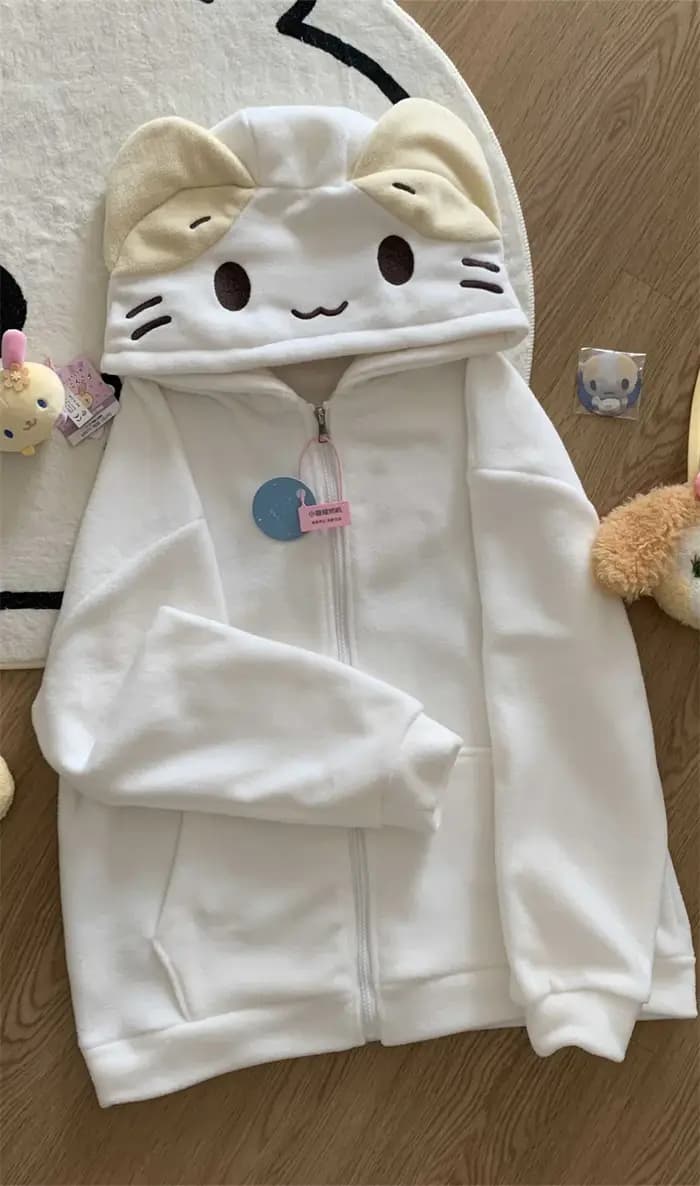 Masyumaro moelleux Fuwa Nyanko chat sweat à capuche zippé polaire vêtements d'extérieur hauts Anime mignon Kawaii hiver