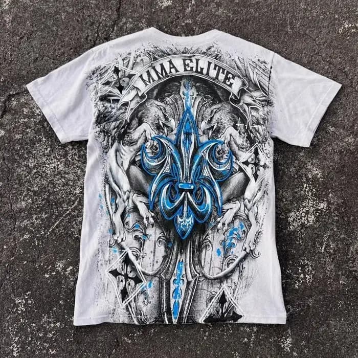 MMA Elite Y2K esthétique bleu Iris fleur impression numérique t-shirt unisexe Streetwear coton surdimensionné