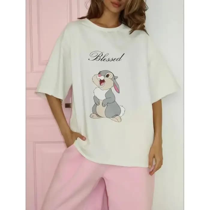 Kawaii lapin imprimé blanc 100% coton américain décontracté Streetwear femmes t-shirt à manches courtes col rond