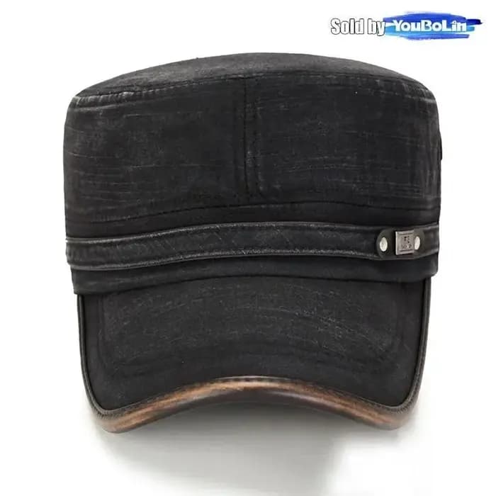 Casquette plate réglable en coton délavé à bord en cuir pour école militaire