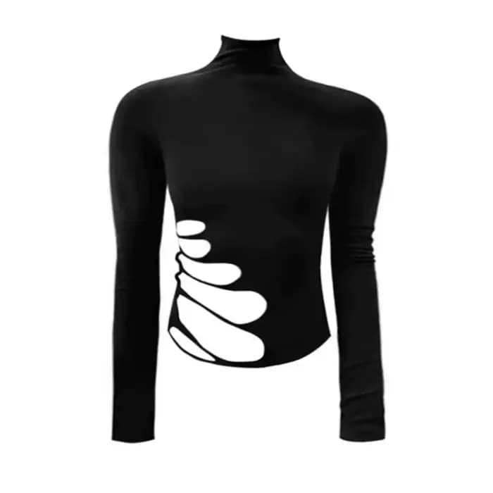 T-shirt Homme Mode Automne Noir à Manches Longues Évidé Col Semi-Montant Coupe Slim Décontracté Stre