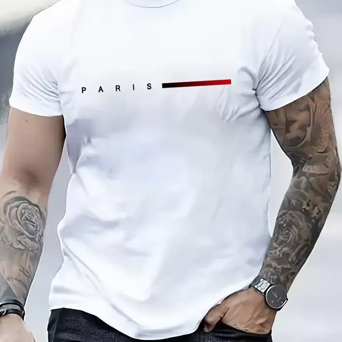 Hommes 100% coton été ample PARIS lettre créative imprimer décontracté coupe ajustée col rond manches courtes T-shirt