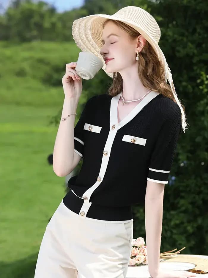 Je crois que vous femmes françaises été tricots petit parfum Style col en v à manches courtes Blouse 2025 nouvelle dame pulls 2242145814