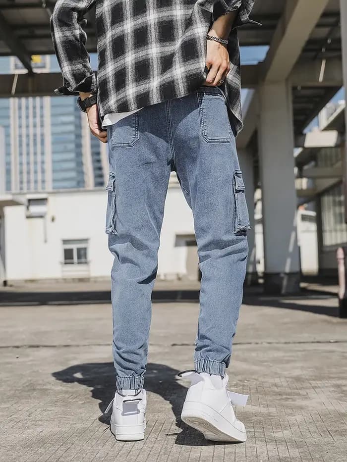 Jeans Jogger pour Hommes en Coton Lavé Légèrement Extensible Multi-Poches Denim Cargo Taille Asiatique L-6XL