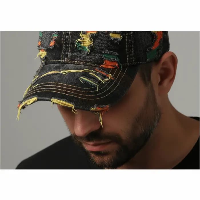 Casquette de baseball rétro en jean avec lignes colorées, style déchiré réglable, visière, pour homme et femme, streetwear d'extérieur
