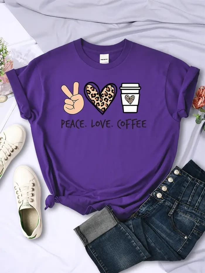 Peace Love café imprime femmes T-Shirts coton haute qualité
