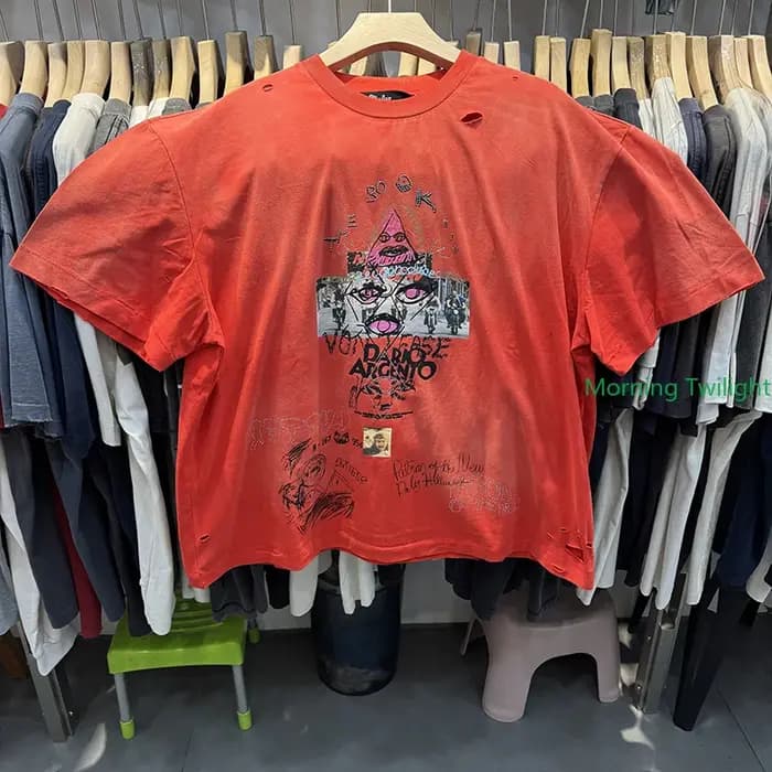 Rouge rétro Paly Style américain Graffiti cristal lettre t-shirt hommes