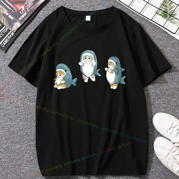 T-shirt unisexe imprimé chat et requin Kawaii pour hommes et femmes