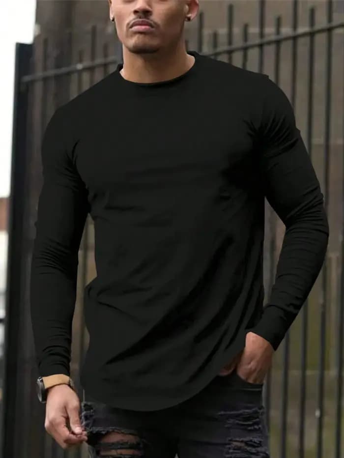 T-Shirt décontracté à manches longues et col rond pour hommes