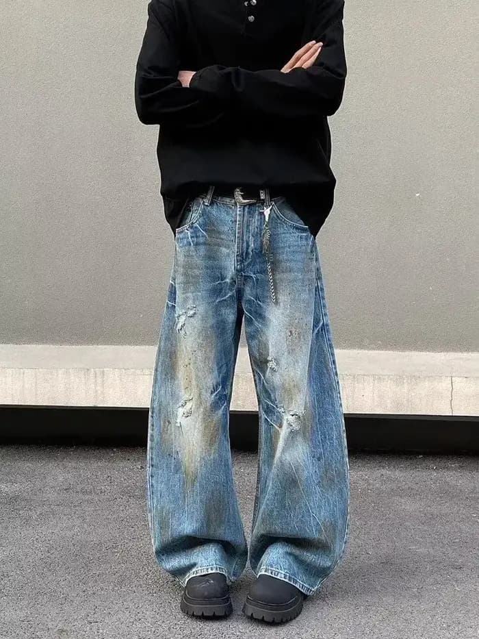2000S vêtements Y2K Grunge vieux sale lavé bleu Baggy déchiré jean pantalon pour hommes 90S Vintage