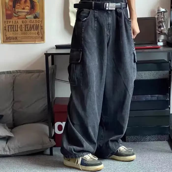 Jean Baggy surdimensionné pour hommes, pantalon Cargo coréen noir large, Streetwear Hip Hop Harajuku