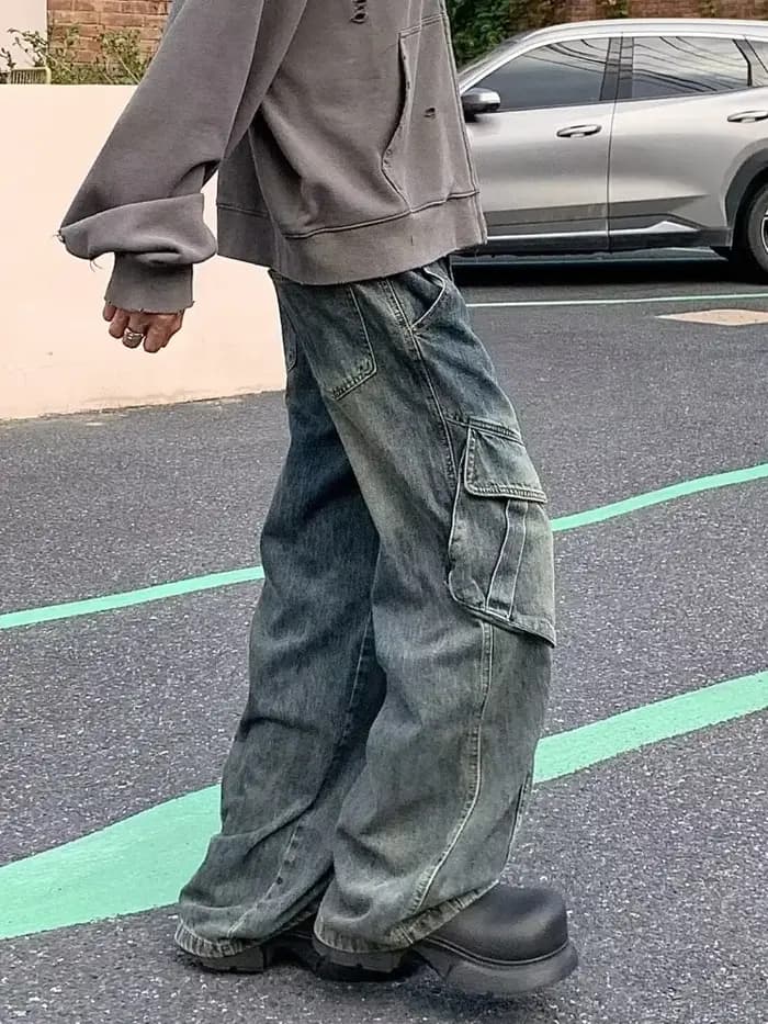 2025 Trashy Y2K Streetwear Vintage Bleu Baggy Cargo Jeans Pantalon Pour Hommes Vêtements Droit En Détresse Lâche