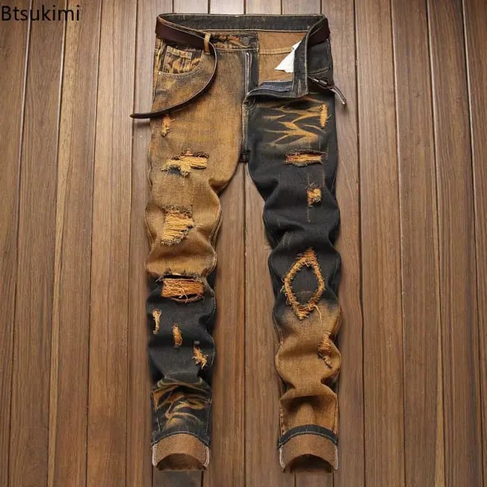 Nouveau jean rétro homme déchiré jambe droite pantalon