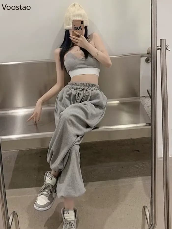 Femmes Chic blanc Jogging pantalons de survêtement mode coréenne