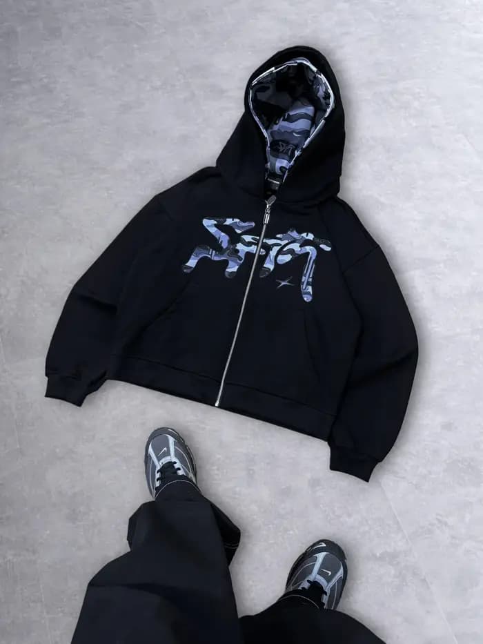 Sweat à capuche zippé imprimé camouflage obsidienne Y2K rétro