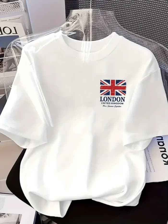 T-shirt élégant pour homme 100 % coton avec motif Union Jack vieilli et texte London