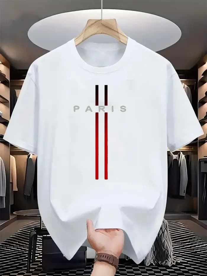 Été Paris hommes nouvelle rayure imprimé confortable et respirant col rond T-shirt extérieur urbain haut décontracté