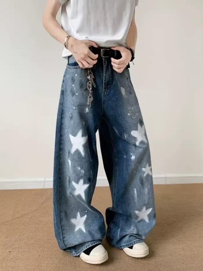 2025 Ropa Y2K Streetwear étoile imprimé délavé bleu Baggy jean pantalon pour hommes vêtements jambe large Vintage Denim