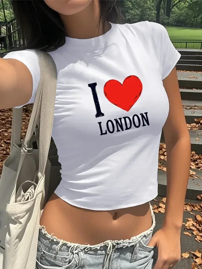 T-Shirt court pour femmes-I Love London imprimé graphique avec coeur rouge été à manches courtes Harajuku haut t-shirts