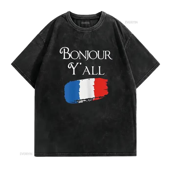 Bonjour Y tout drôle drapeau français t-shirt France amant vintage lavé homme mode décontracté élégant respirant unisexe polyvalent