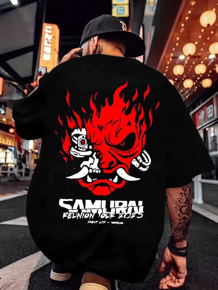 T-shirt pour homme à motif samouraï japonais - Noir avec imprimé flamme rouge au dos