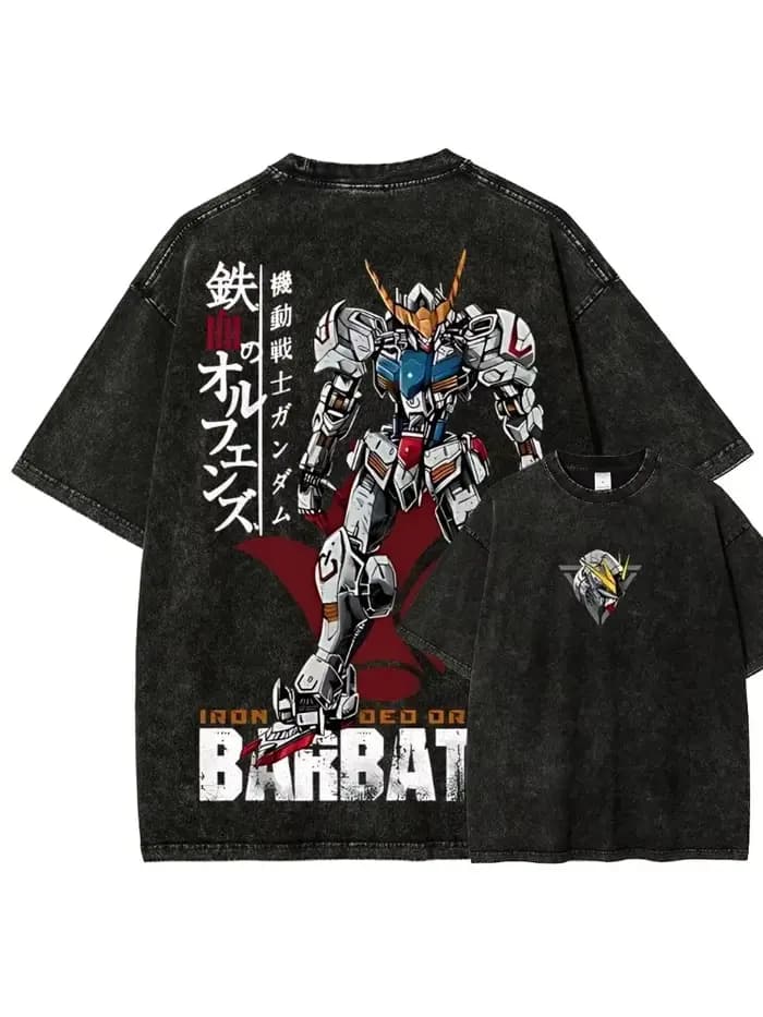 T-shirt Gundam Barbatos pour hommes, IBO Vintage Acid Wash Mecha Streetwear, rétro, Iron Blooded Orp
