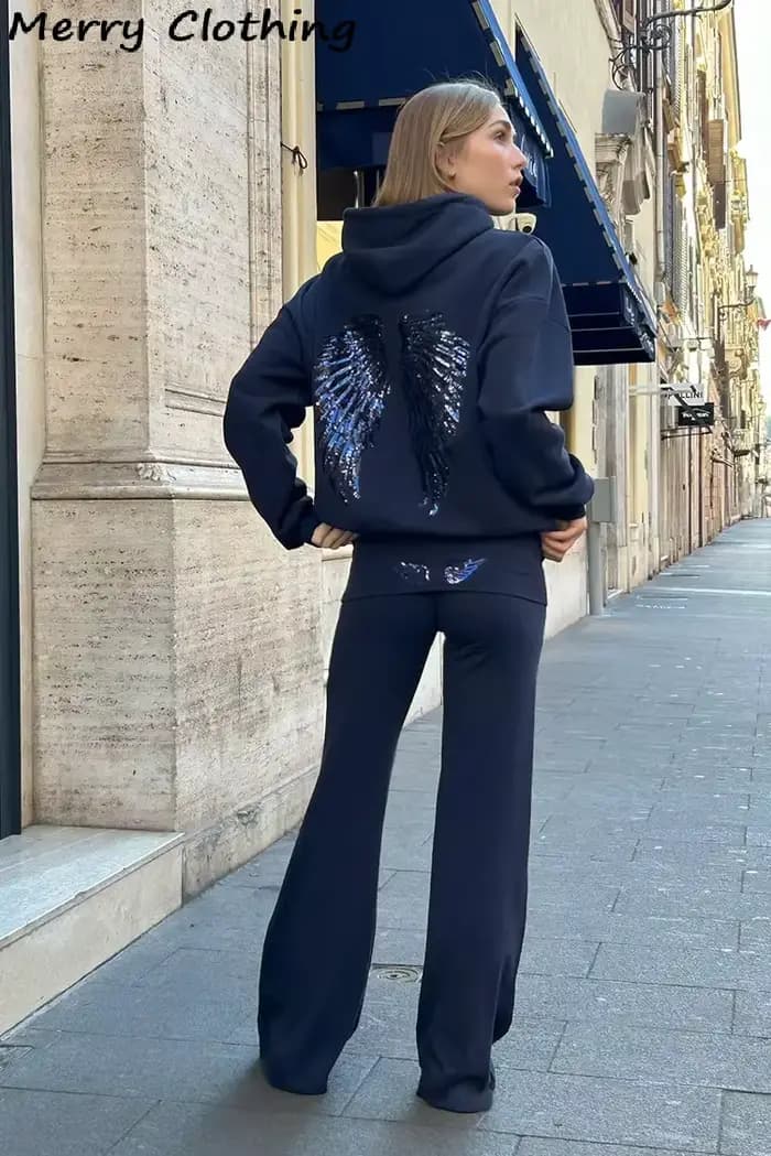 Paillettes ailes d'ange sweats à capuche femmes Chic lâche à manches longues pulls haut mince Yoga pantalon ensemble