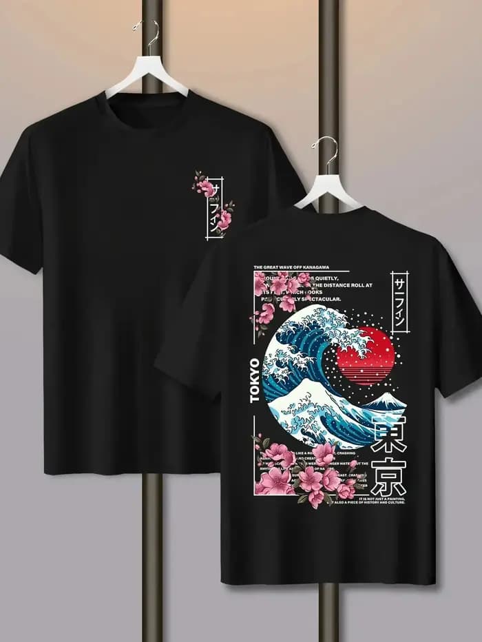 T-shirt à manches courtes pour homme, 100 % coton, avec imprimé coucher de soleil sur l'île de Tokyo