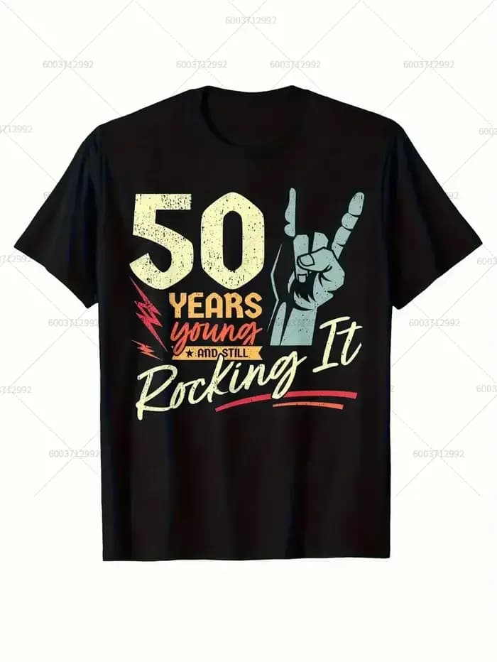 T-shirt homme drôle Vintage 50th anniversaire Rock 'n' Roll décontracté manches courtes femmes surdimensionné t-shirts Harajuku Y2k coton Streetwear
