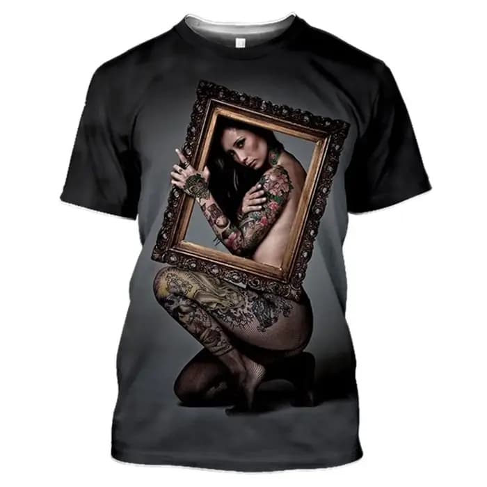 T-shirt modèle de tatouage imprimé en 3D pour hommes et femmes nues, vêtements de style de rue, prod